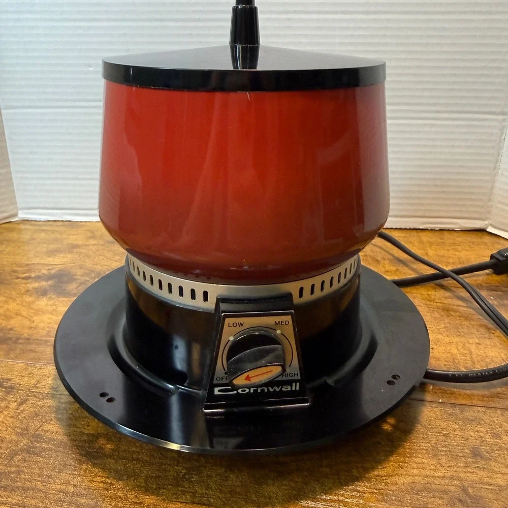 Vtg Cornwall Red Electric Fondue Pot Set Model 5234 Made in USA 4 Forks‎ Hippie